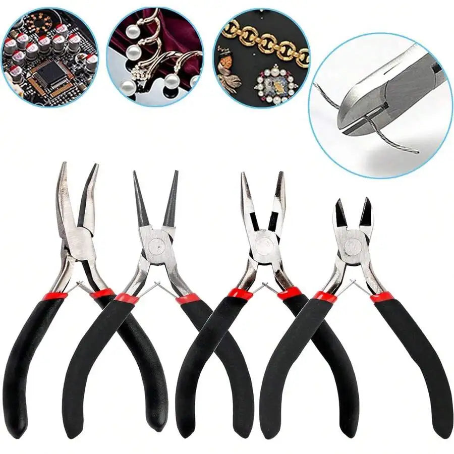 A set of jewelry making tools including pliers, tweezers, and a ring sizer.