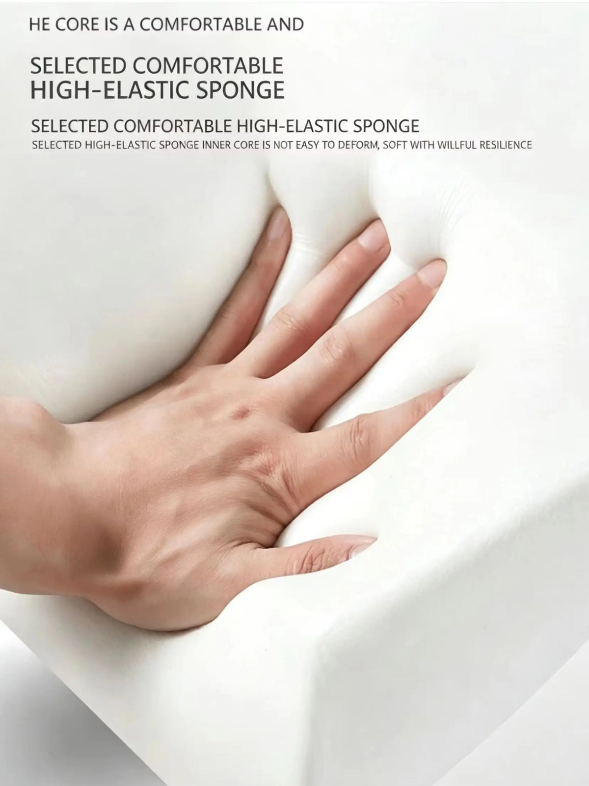 A hand is resting on a white, high-elastic sponge cushion used for a car center console armrest.