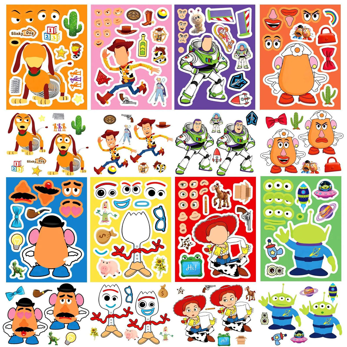 A collection of reusable stickers featuring characters from Toy Story including Woody, Buzz Lightyear, and other friends.