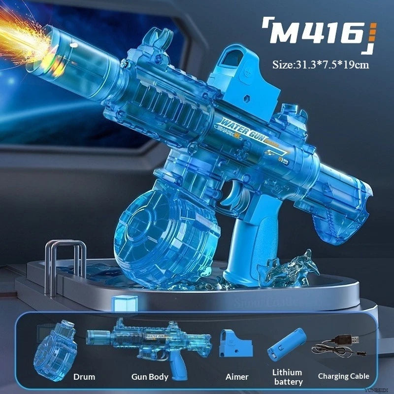Blue M416 water gun toy with drum and charging cable displayed on a stand.