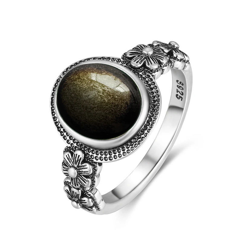 Vintage Sterling Silver Obsidian Ring with Sun and Flower Motif