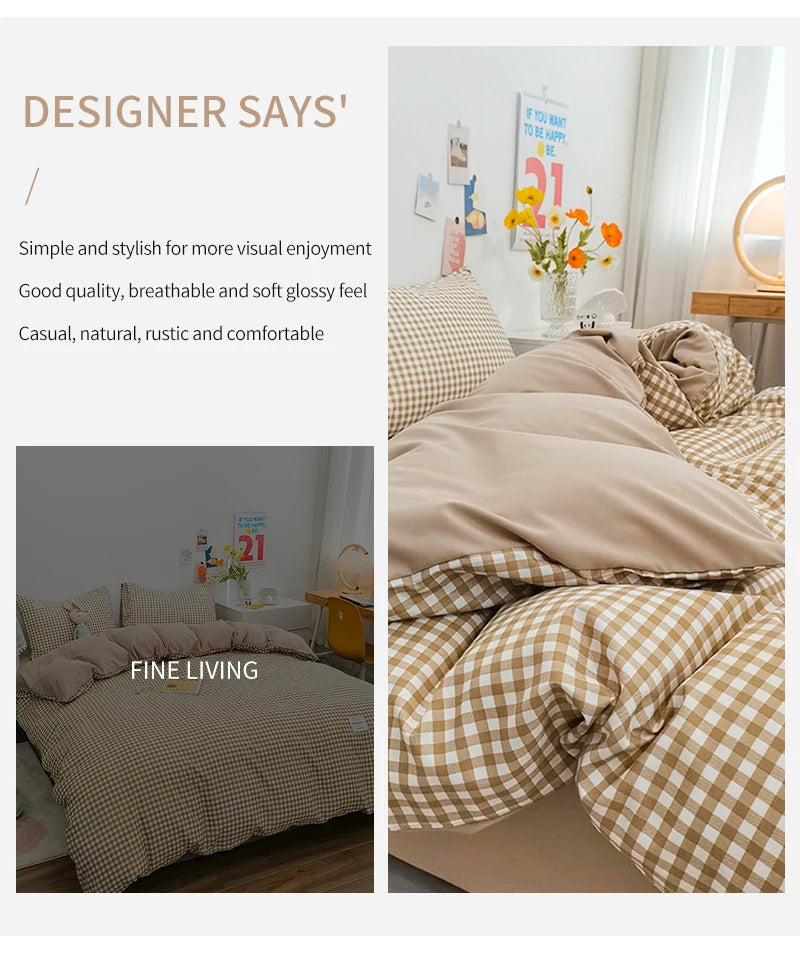 100% Cotton Duvet Cover Set with Plaid Stripe – Breathable & Skin-Friendly