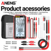 Aneng product accessories including a digital multimeter, storage bag, instruction manual, test lead line, and cables.