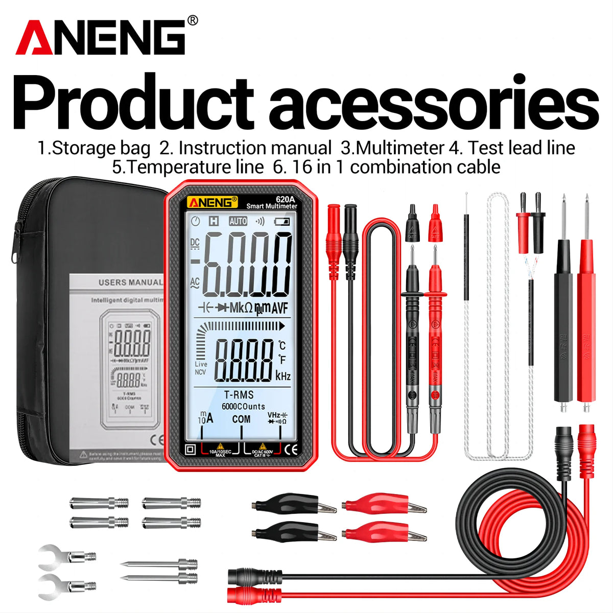 Aneng product accessories including a digital multimeter, storage bag, instruction manual, test lead line, and cables.