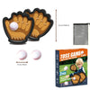 A set of two orange-colored mitts and two white tennis balls for a toss game.