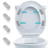 A set of four silicone toilet seat bumpers with anti-slip gaskets shown in various angles.