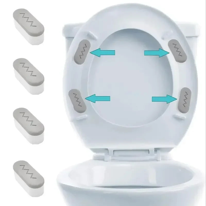 A set of four silicone toilet seat bumpers with anti-slip gaskets shown in various angles.