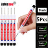 A hand holds a black long marker pen with multiple tips, showing various depth markers for woodworking and construction.