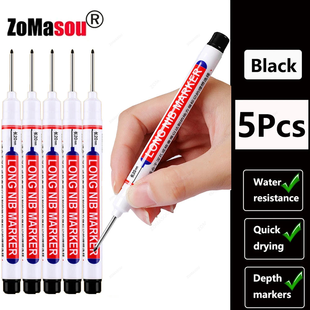 A hand holds a black long marker pen with multiple tips, showing various depth markers for woodworking and construction.