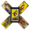 A set of four tarot cards featuring illustrations of figures and symbols for divination.