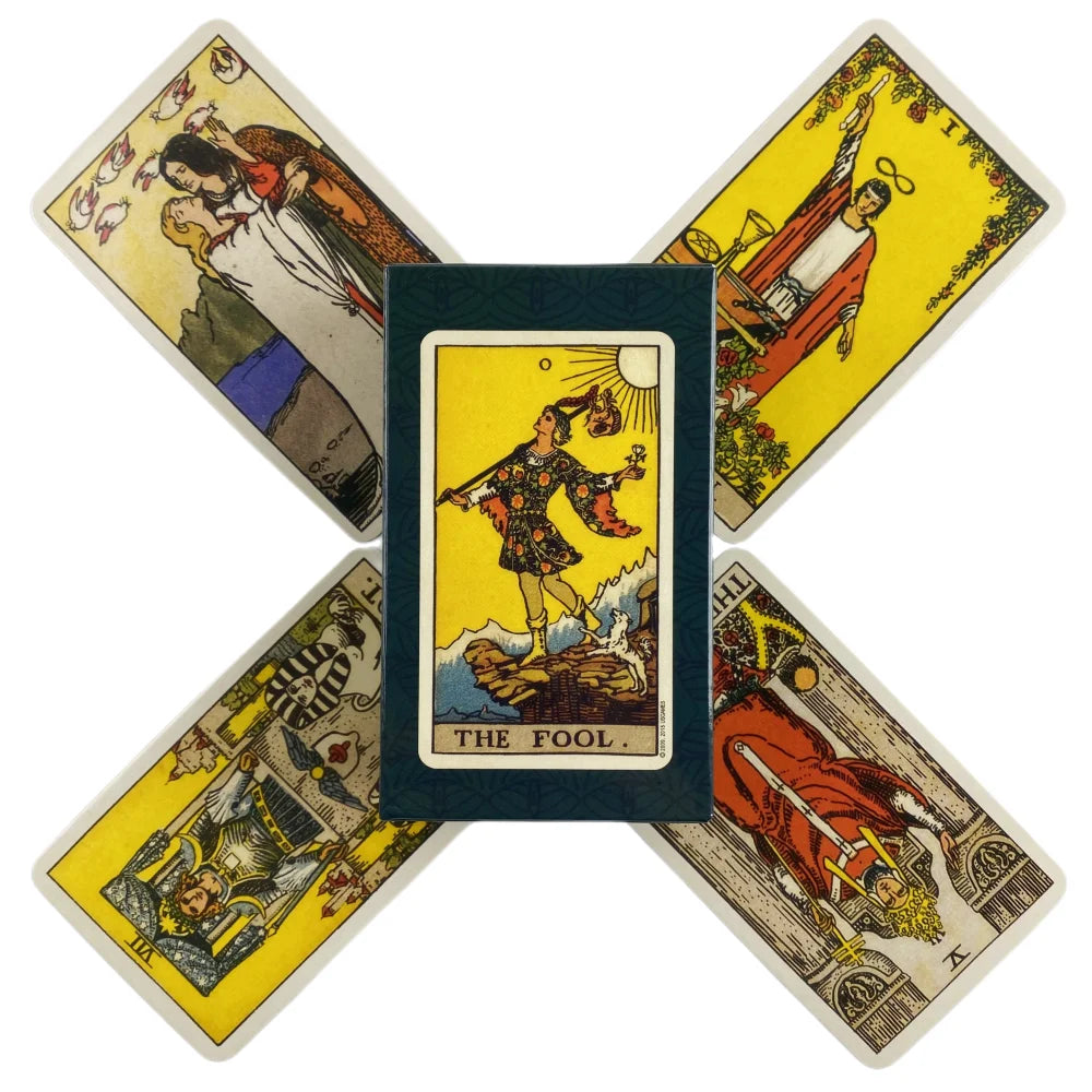 A set of four tarot cards featuring illustrations of figures and symbols for divination.