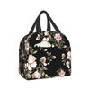 A black insulated lunch bag decorated with a watercolor floral pattern of pink and green roses.