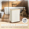 A white foldable laundry hamper with a lid and three removable bags is shown on a wooden surface.