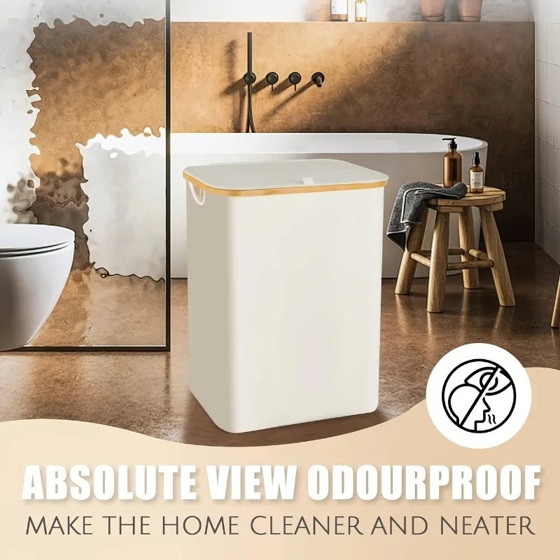 A white foldable laundry hamper with a lid and three removable bags is shown on a wooden surface.