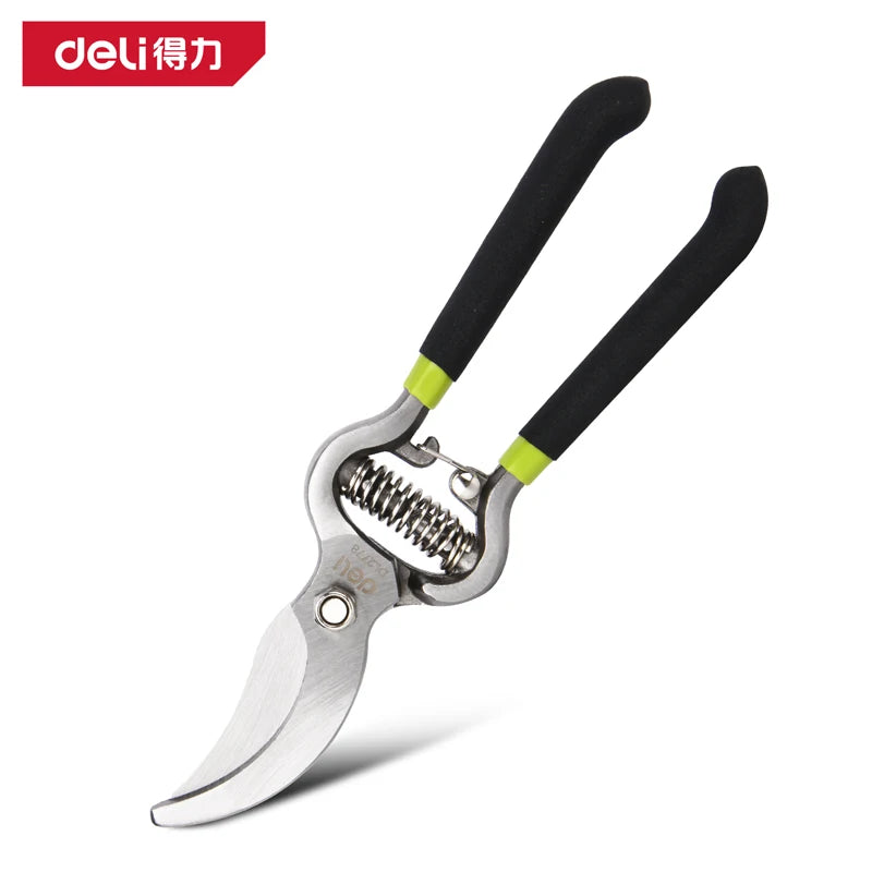 A pair of black and silver bypass pruning shears with a yellow grip.