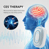 A white handheld device is shown next to a silhouette of a human head, illustrating CES therapy for sleep.