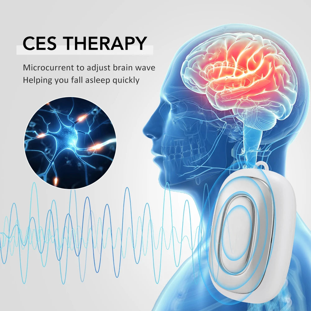A white handheld device is shown next to a silhouette of a human head, illustrating CES therapy for sleep.