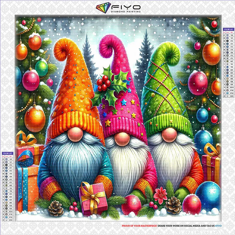 Kit de peinture de diamants avec trois gnomes colorés en scène de forêt de Noël