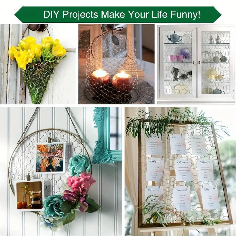 DIY projects featuring hexagonal garden fencing netting used for decorative display and crafting.