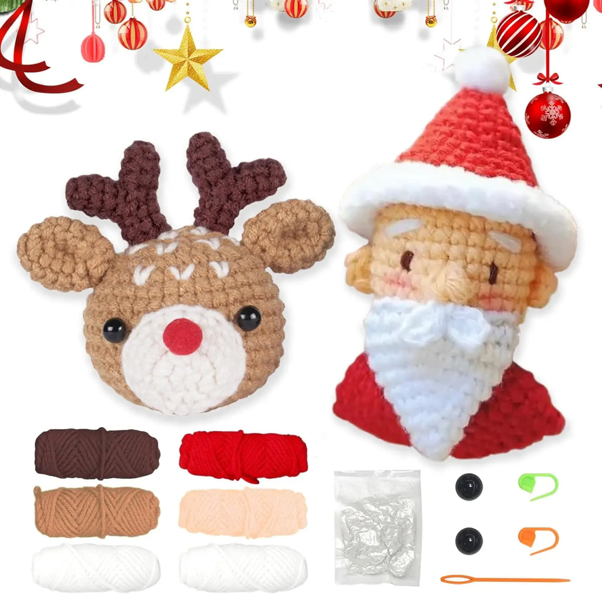Beginner crochet kit featuring a reindeer face, Santa hat, and various yarn colors for animal crafts.
