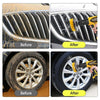 Before and after images showing a power scrubber brush kit cleaning a car grille and wheel.
