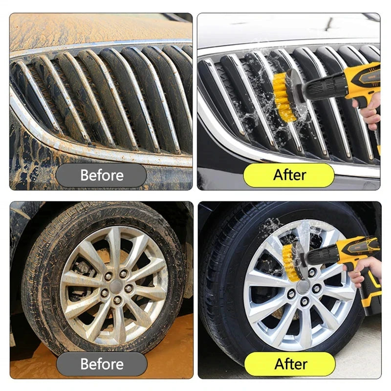 Before and after images showing a power scrubber brush kit cleaning a car grille and wheel.