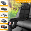 A black car seat protector is shown with various vehicle types listed, including trucks, sedans, vans, SUVs, and Jeeps.