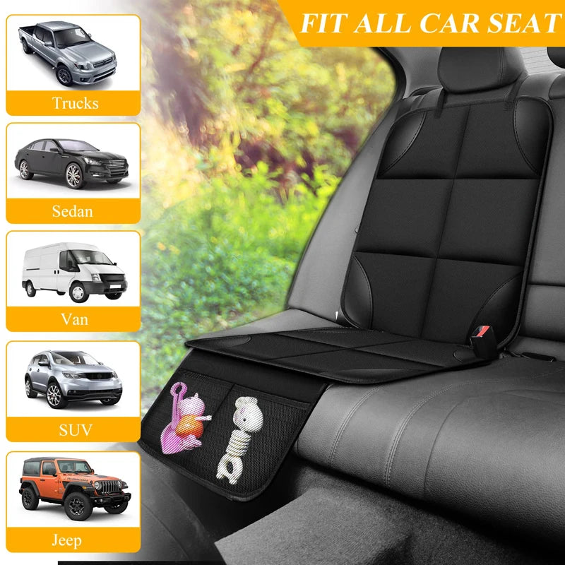 A black car seat protector is shown with various vehicle types listed, including trucks, sedans, vans, SUVs, and Jeeps.