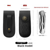 Black model of a handcrafted genuine leather folding knife case shown with front and back views.