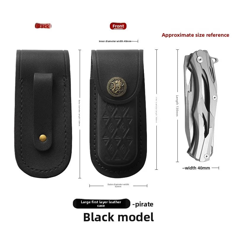 Black model of a handcrafted genuine leather folding knife case shown with front and back views.