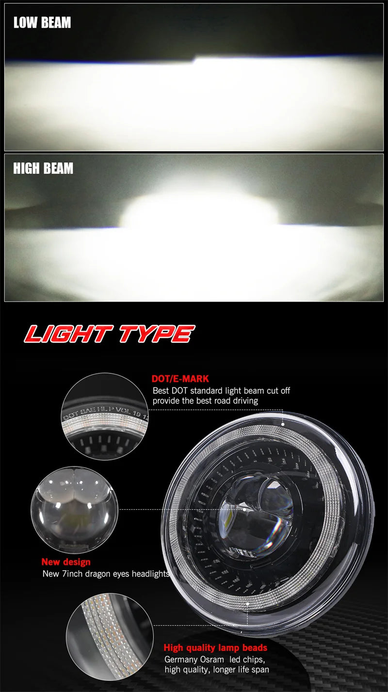 Image showing different light beams (low and high) and a close-up of a new design 7-inch round LED headlight with DRL halo an