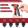 A red manual rivet gun tool with four interchangeable rivet heads shown alongside the sizes of the rivet heads.