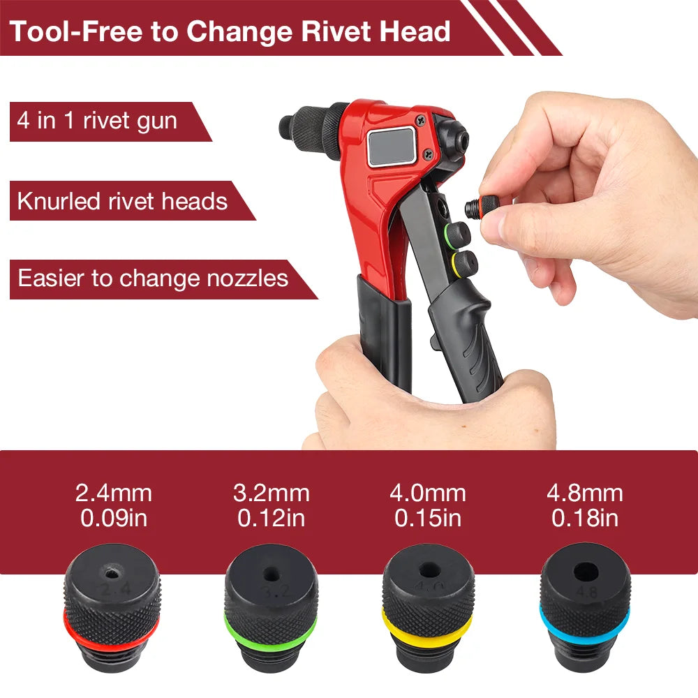 A red manual rivet gun tool with four interchangeable rivet heads shown alongside the sizes of the rivet heads.