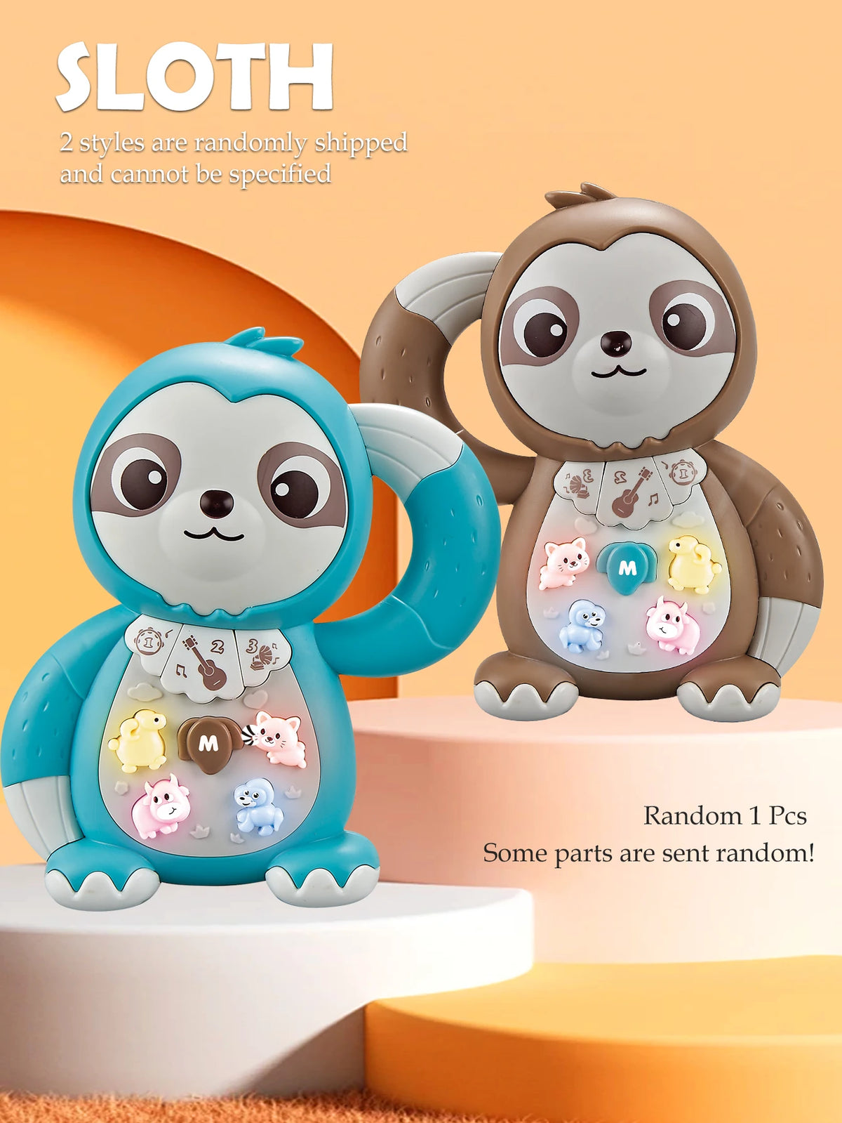 A sloth-themed musical animal piano toy with lights for toddlers, showing two randomly shipped styles.