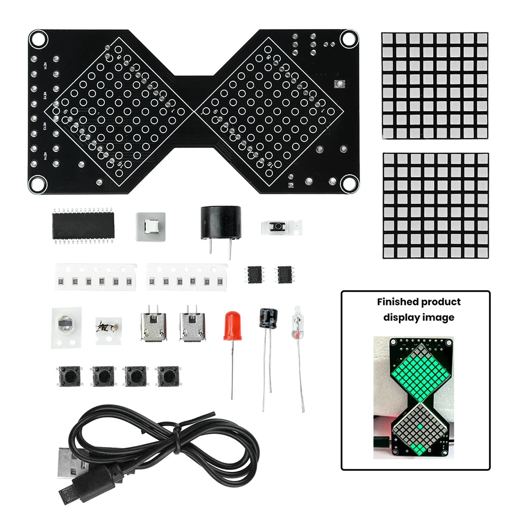 A soldering kit for an LED matrix digital hourglass display featuring circuit boards, components, and wiring.