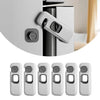 A set of six white child safety refrigerator locks with silver handles shown in a row.