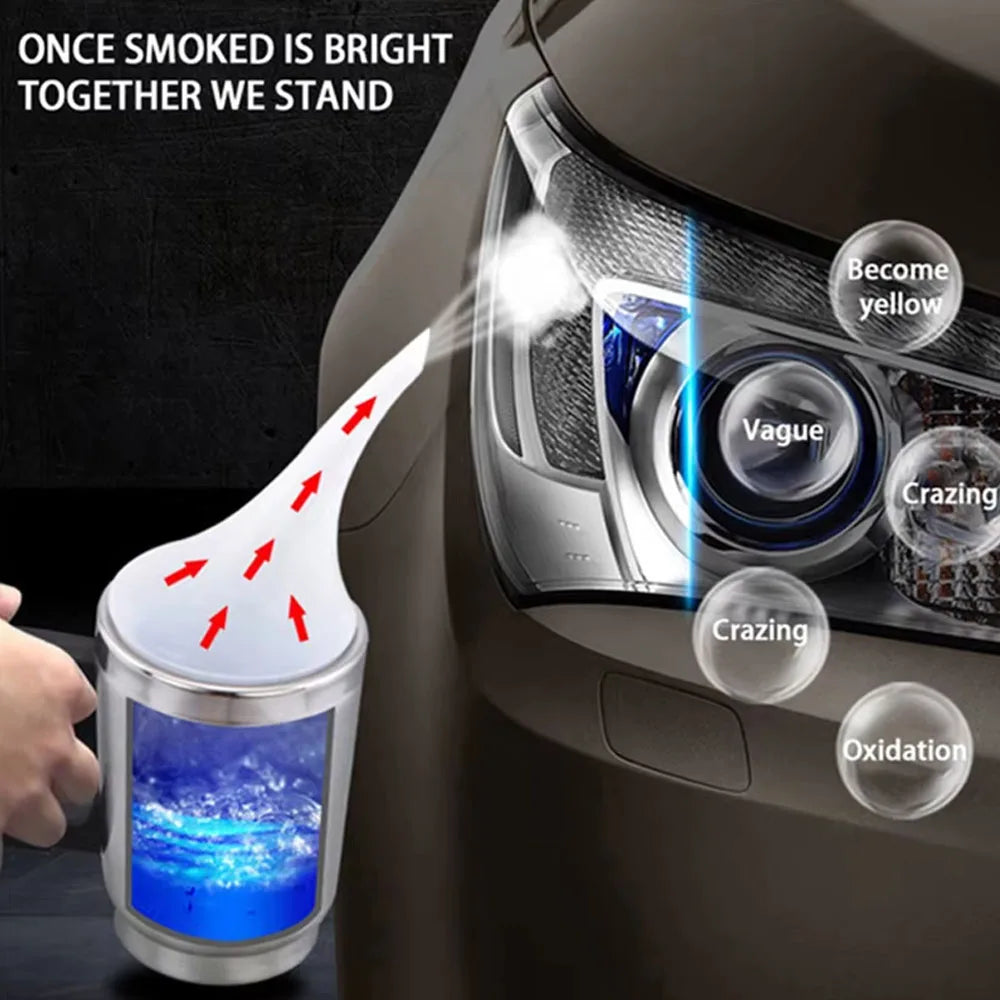 A hand holds a clear headlight restoration kit demonstrating the effect of smoke on a car headlight lens.