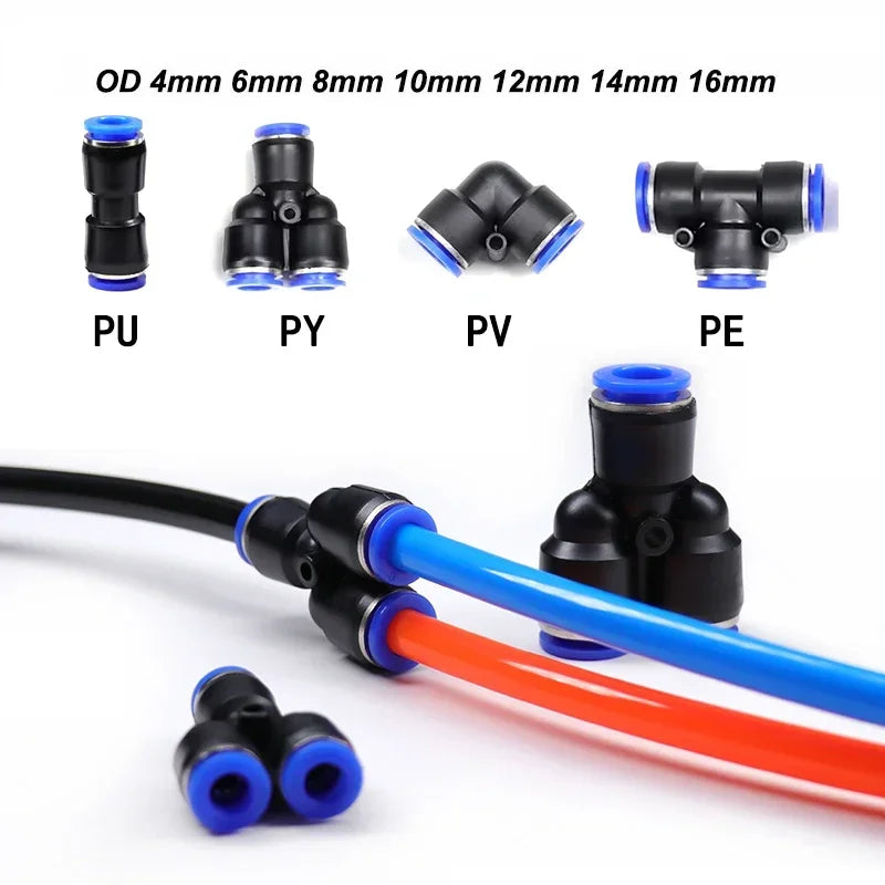 A collection of pneumatic quick push-in fittings in various sizes and materials including PU, PY, PV, and PE, shown with tubi
