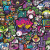 A dense collage of colorful skull stickers featuring various grotesque and stylized designs.