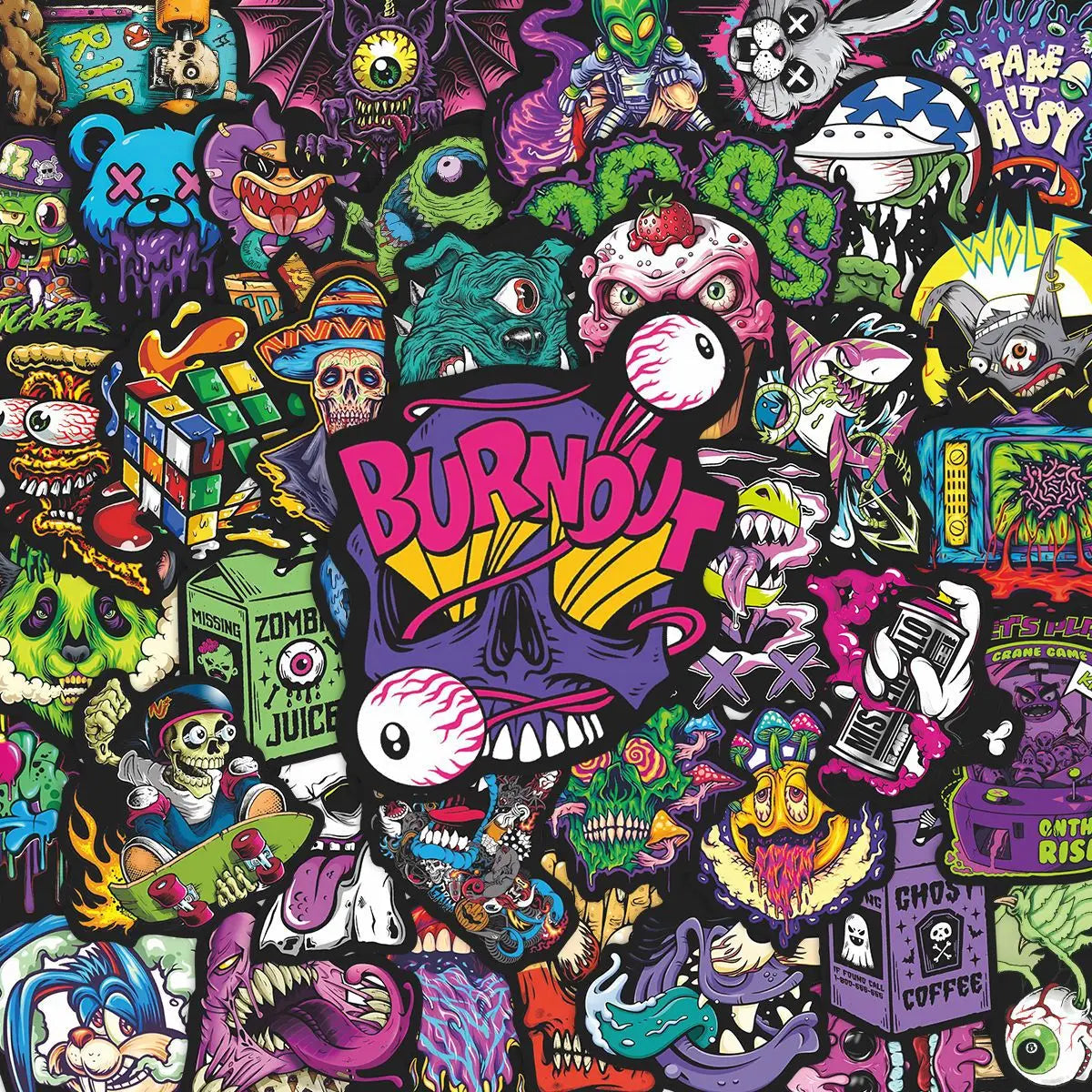 A dense collage of colorful skull stickers featuring various grotesque and stylized designs.