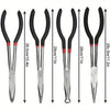 Set of 11-inch needle nose pliers with angled tips and long reach in black and silver.
