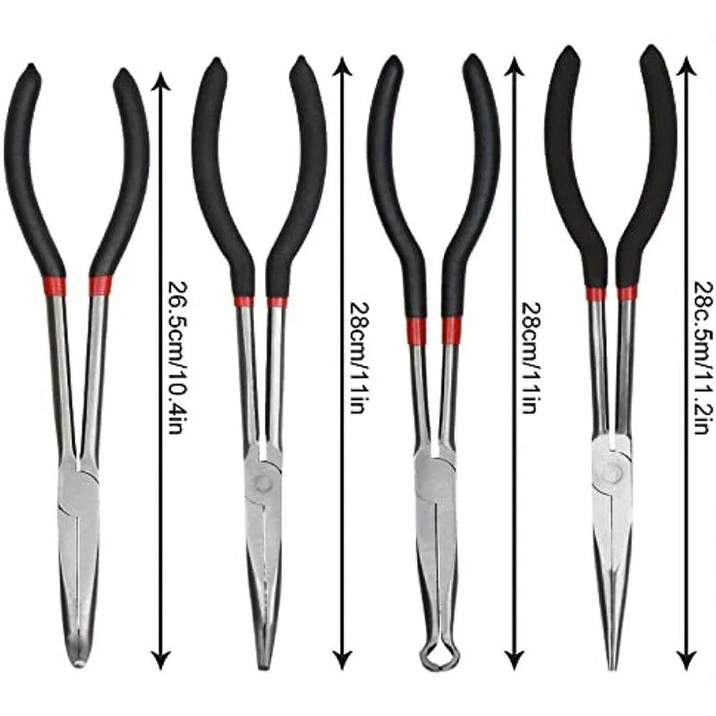 Set of 11-inch needle nose pliers with angled tips and long reach in black and silver.