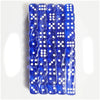 A vertical arrangement of 100 transparent blue acrylic D6 dice in a plastic bag.