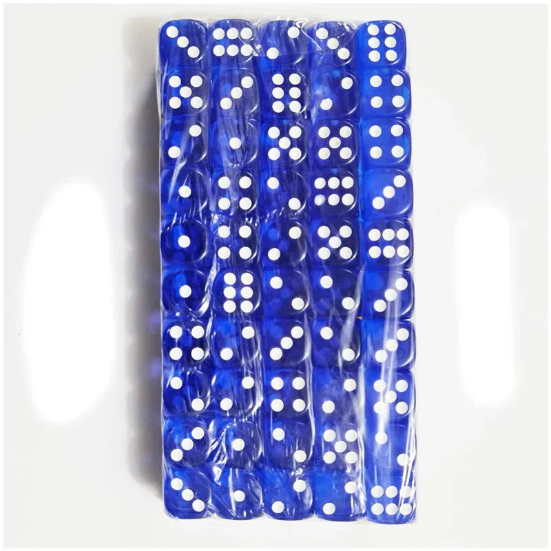 A vertical arrangement of 100 transparent blue acrylic D6 dice in a plastic bag.