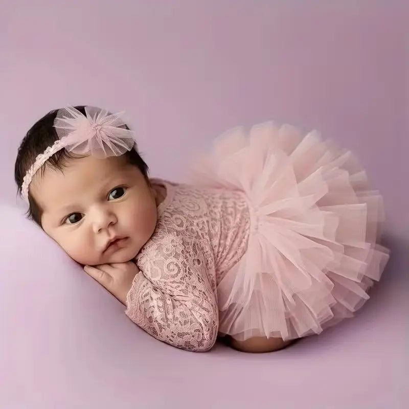 Newborn Knitted Lace Bodysuit Set with Puff Sleeves and Headband