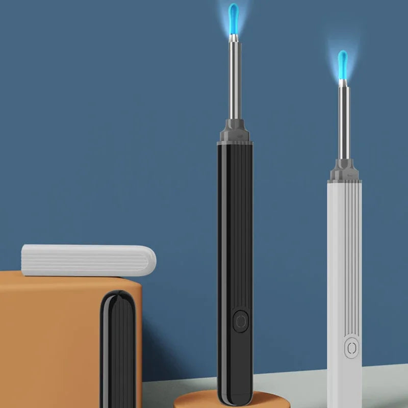 A black HD visual ear cleaner device with a camera and LED light is shown next to a white version.