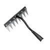 A carbon steel garden weeding rake with sharp tines and an ergonomic black handle.