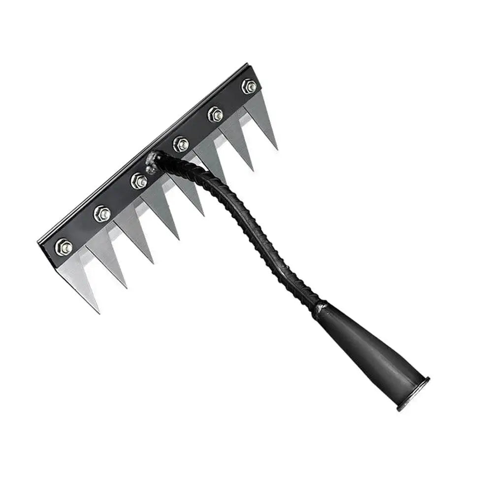 A carbon steel garden weeding rake with sharp tines and an ergonomic black handle.