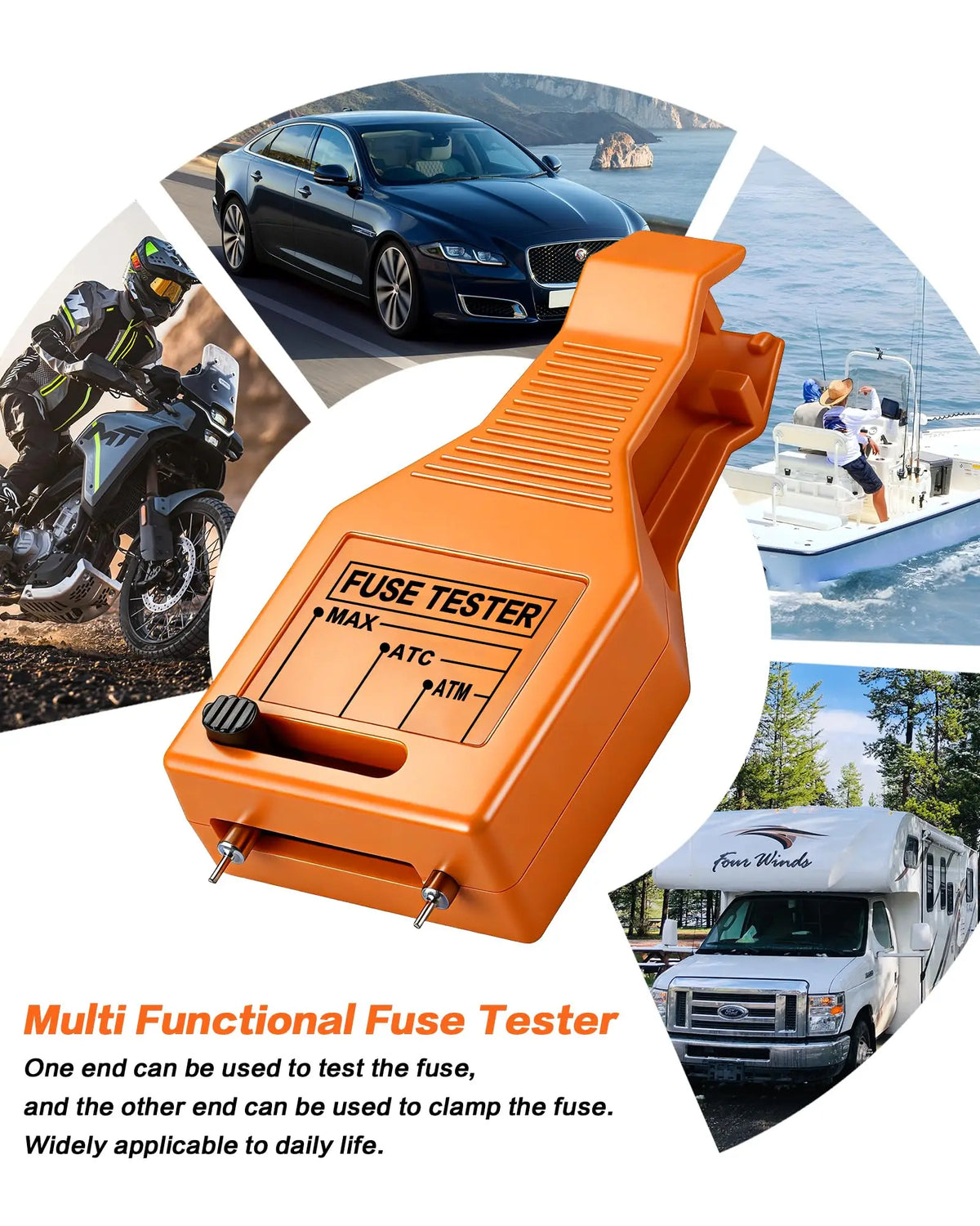 An orange multi functional fuse tester tool shown with surrounding images of a car, motorcycle, boat, and truck.