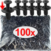 A pile of heavy-duty black plastic fasteners for automotive and DIY projects, with a red arrow pointing to a single fastener.